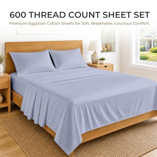 Image of SGI Split King Sheet Set for Adjustable Bed Egyptian Premium Cotton 600 Thread Count Sheets for Sleep Number Bed 15 inch Deep Pocket 5 Pc Set with 2 Twin XL Fitted Sheets Soft Breathable - Cornflower Blue