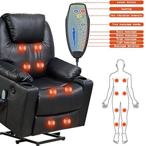 Electric Power Lift Chair Recliner Sofa For Elderly Massage Chair, Adjustable Furniture With Vibration Massage And Lumbar Heated,Remote Control,Usb Ports For Living Room (Black, Leather) #TOP5