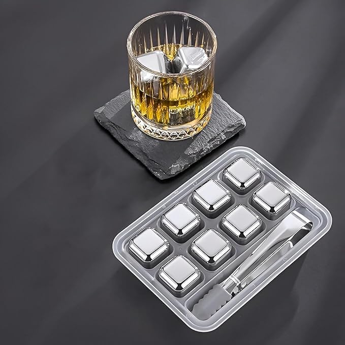 Image of 8-Pack Stainless Steel Whiskey Stones with Tongs & Container - Reusable Ice Cubes for Chilling Red Wine, Whiskey, Cocktails & More - Food-Grade Safe