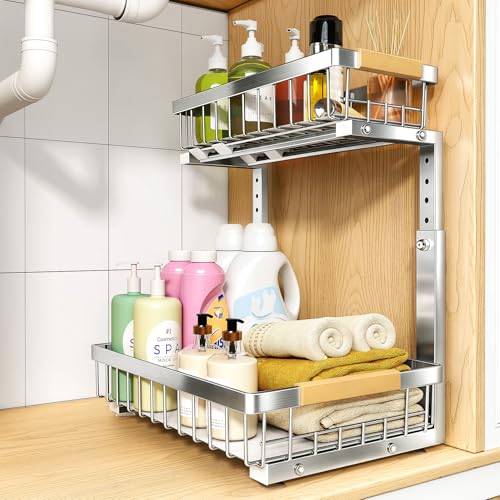Image of PXRACK Under Sink Organizer, Adjustable Height, 2 Tier Pull Out Cabinet Organizer, Slide Out Thickened Metal Storage for Kitchen Bathroom Laundry Pantry Cabinet, Stainless Steel, Silver, Large-1-Pack