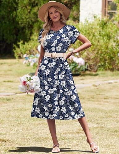 Image of HOTOUCH Women's Summer A-Line Midi Dresses 2026 Casual Floral Short Sleeve T-Shirt Dress Flowy Beach Sundress with Pockets