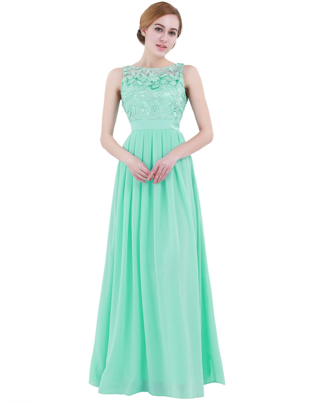 FEESHOW Women's Elegant Floral Lace Chiffon Bridesmaid Dress Sleeveless Zipper Wedding Prom Ball Long Gown Dress Turquoise 14