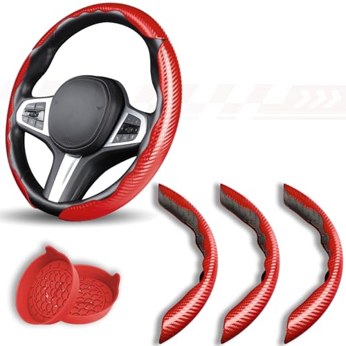 3 Piece Carbon Fiber Steering Wheel Cover,Car Steering Wheel Protector with Non-Slip Lining,Breathable Microfiber Universal for 14.5-15 inch,Red by Aimato - Used condition - US$7.00