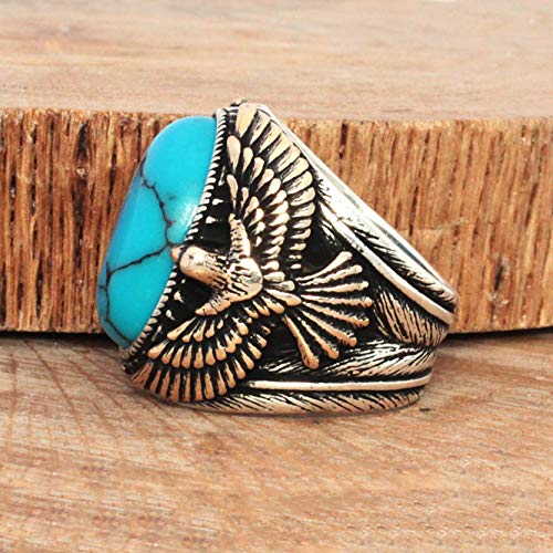 Solid 925 Sterling Silver Eagle Figure Oval Turquoise Stone Men's Ring3