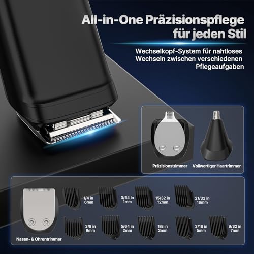 Valano Haarschneidemaschine, Barttrimmer Herren USB-Ladung Trimmer Herren Nasenhaartrimmer Haarschneidemaschine Profi Präzisionstrimmer 3 in 1 Set mit 9 Aufsätzen von 1-16 mm