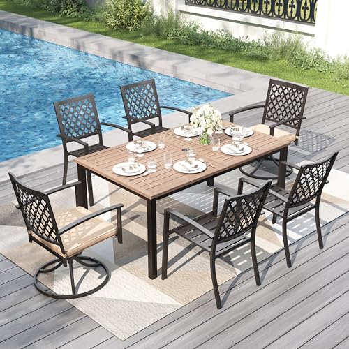 Image of PHI VILLA 7 Pcs Outdoor Dining Set, 65 inch Wood-Like Table w /Umbrella Hole | Steel Table with Umbrella Hole&Fixed /Swivel Chairs with Cushions,Wrought Iron Furniture for Patio, Deck, Yard, Porch