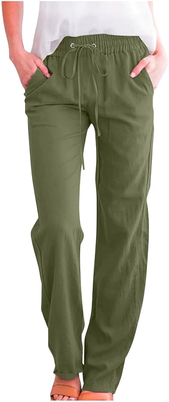 Womens Linen Pants Drawstring Waist Wide Leg Casual Trousers