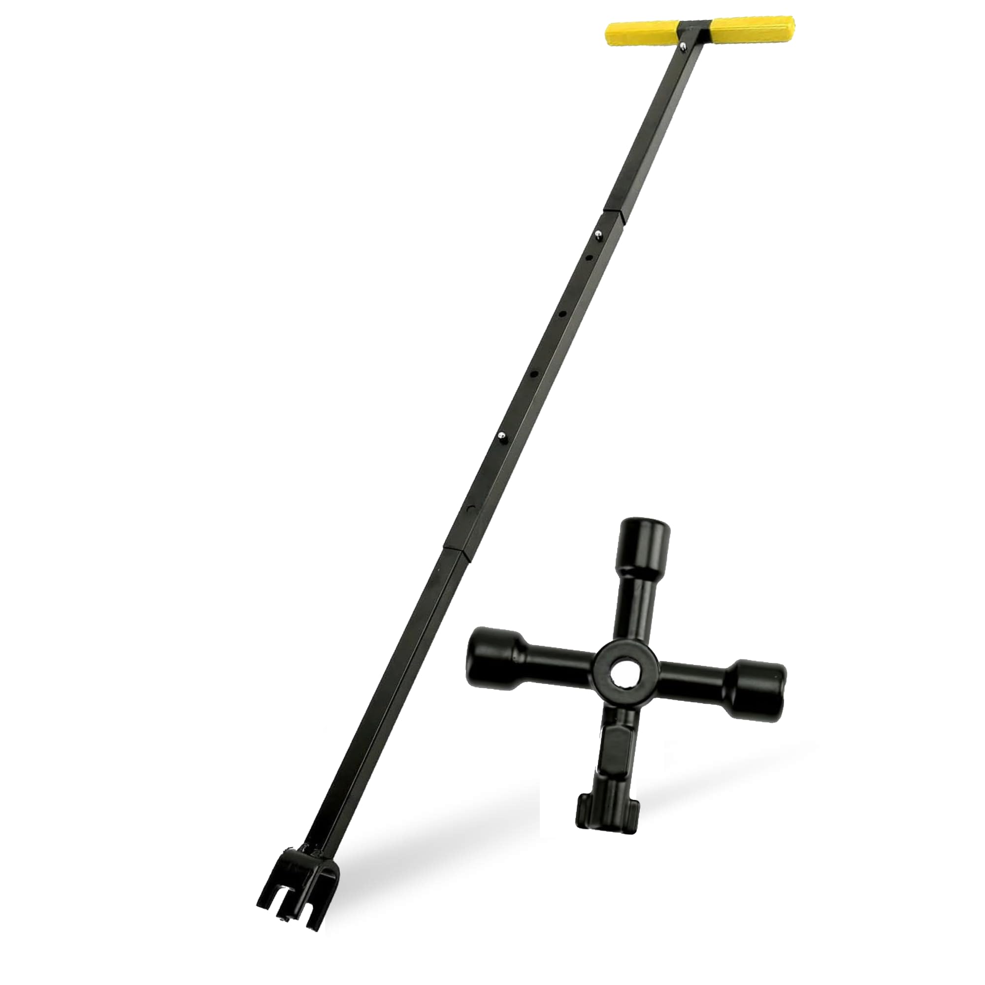 Mumusuki Wasserzählerschlüssel, Faltbarer Stahl-T-Griff Wasserschlüssel, Wasserabschaltwerkzeug mit 4 Multifunktionsschlüssel für Ventile Wasserhähne Reparaturen 20x95cm (Gelber Griff)