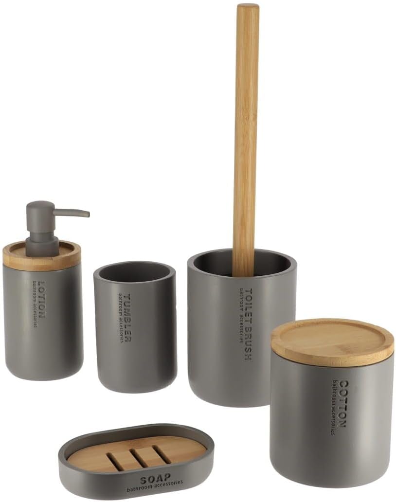 Modern Matte Gray Soap Dispenser with Natural Bamboo Accent - Polyresin Hand Lotion Pump, Contemporary Bathroom Accessory