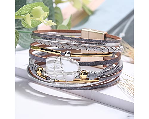 Fesciory Leopard Bracelet For Women, Boho Leather Wrap Multi-Layer Pearl Crystal Bracelet Bangle Jewelry(Gray Leather(Pearl)) #TOP4
