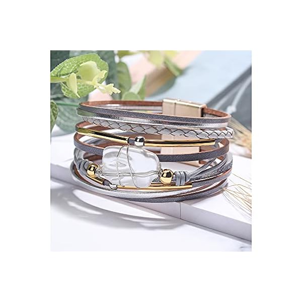 Fesciory Leopard Bracelet for Women, Boho Leather Wrap Multi-Layer Pearl Crystal Bracelet Bangle Jewelry(Gray Leather(Pearl))