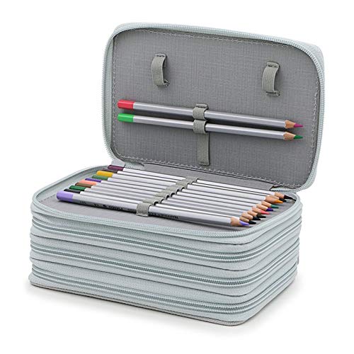 Estojo de lápis Elonglin bolsa para caneta prática e grande, multicamadas, com alça para lápis de aquarela, lápis de cor Prismacolor, Crayola, e canetas Marco, 72 compartimentos, cinza