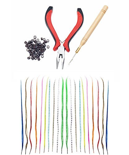 Professional Hairdresser Salon Quality Set Kit With 40cm Long Feather Extensions In Different Colors And Hair Pieces Application Tools Including 100pcs Rings, Pliers And Wooden Handle Hook By VAGA