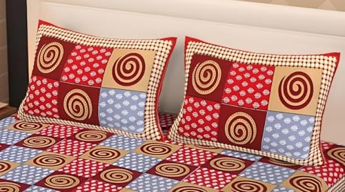 Image of Pure 100% Cotton Double Bed Sheet with 2 Pillow Covers (Bedsheet for Double Bed Cotton, Multicolour Jaipuri, Double Bed Sheet (Red & Grey, 90X100 Inch)