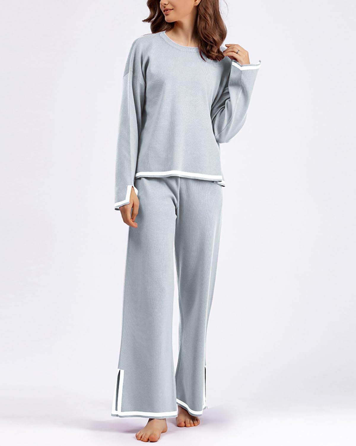 Tuta da donna in maglia, 2 pezzi, tuta da jogging, maglione, pantaloni a gamba larga, tuta da jogging alla moda, set da jogging per ragazze