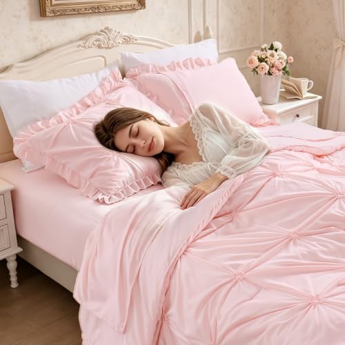 Image of Full Size Comforter Sets for Girls, 5 Pieces Bed in A Bag Full Size Bedding Sets with Ruffles Jacquard Embroidery Comforter, Fitted Sheet, Flat Sheet and 2 Pillowcases, Pink