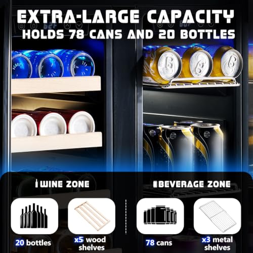 Image of Albott Beverage Refrigerator - 24-Inch Dual Zone Cooler with Glass Door, Freestanding /Under Counter Wine and Beer Fridge, Holds 20 Bottles & 78 Cans, Ideal for Kitchen, Bar, Office, 34-64℉ & 41-68℉