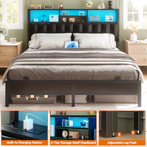 Image of Aheaplus Headboard for Queen Size Bed with Storage, Upholstered Headboards | with Outlets, USB Ports and LED Light, Reversible Queen Size Head Board, Height Adjustable, Comfortable Headboard, Black