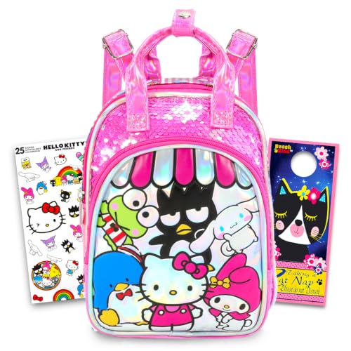 Hello Kitty Mini mochila infantil and Friends – Pacote com bolsa de lantejoulas de 30,48 cm com bolso frontal e adesivos, mais | Mochila Sanrio brilhante