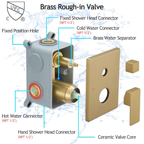 Image of Brushed Gold Shower System, 8 Inch High Pressure Rain Shower with Handheld, Wall Mount Shower Faucet Set for Bathroom, Rough-in Valve Body and Trim Included