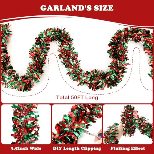 Image of 50FT Christmas Tinsel Garland, Red Green Metallic Twist Shiny Hanging Garland Ornaments for Christmas Tree, Party Supplies Thick Metallic Xmas Streamers