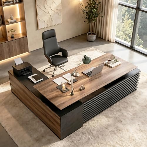 SAINTCY 86.61In L Shaped Executive Standing Desk with Drawers, Large Modern Adjustable Heigh Home Office Desk w/Universal Charging Ports, Business Workstation, Black and Warm Oak