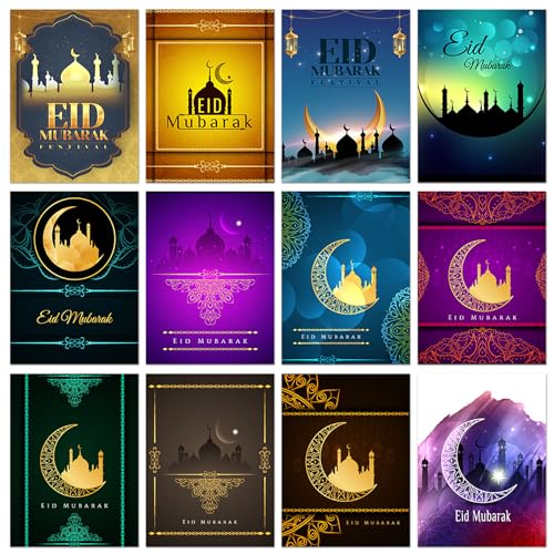 iwiio Eid Cards - 12 Pack Multipack Islamic Eid Cards as Eid Gifts for Kids Women Children Greetings Cards Multipack Eid Mubarak Cards for Muslim Party Celebration
