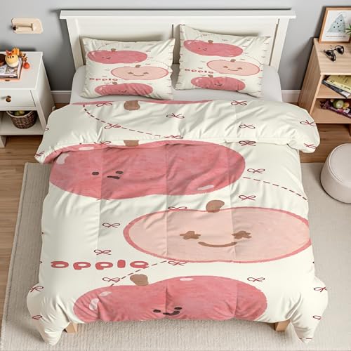 赤いリンゴ 布団セット ダブル、マイクロファイバー掛け布団カバー3点セット、ライトイエロー 寝具、 柔らかい 通気性、肌に優しい 、洗い替え四季通用 洋式・和式兼用 。(190x210cm+2 枕カバー 43x63 cm)