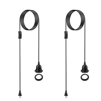 Plug in Pendant Light 15Ft 2 Pack, Hanging Lights with Plug in Cord, E26/E27 Socket Hanging Lamp Light Cord, Black Extension Chandelier Lantern Cable with On/Off Switch, Socket Rings