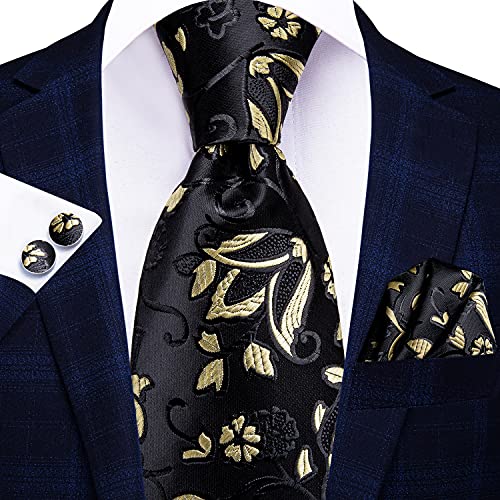 Image of Hi-Tie Men Ties Sets Silk Stripe Paisley Necktie Pocket Square Cufflinks for Business Wedding