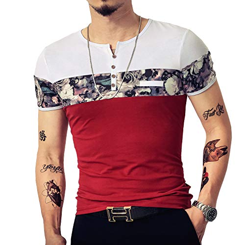 LOGEEYAR Men's Casual Slim Fit Short Sleeve Shirts Fashion Color Block Printing Henley T-Shirts