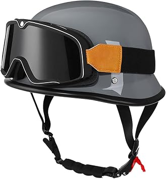 DOT Approved German Style Vintage Helmet, Adult Retro Open Face Leather Half Helmet, Street Motorcycle Helmet with Goggles, Men Women Chopper Pilot Moped Scooter Skull Cap Helmet