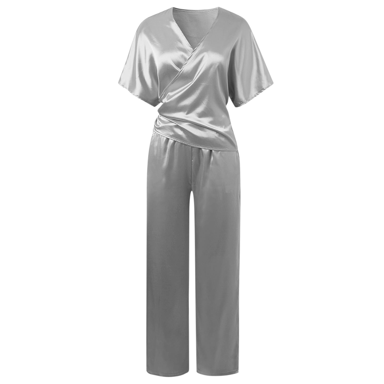 Generisch Damen Casual Solide Halbarm Shirt Gürtel Kontrast Tasche Kordelzug Hose Hosen Set
