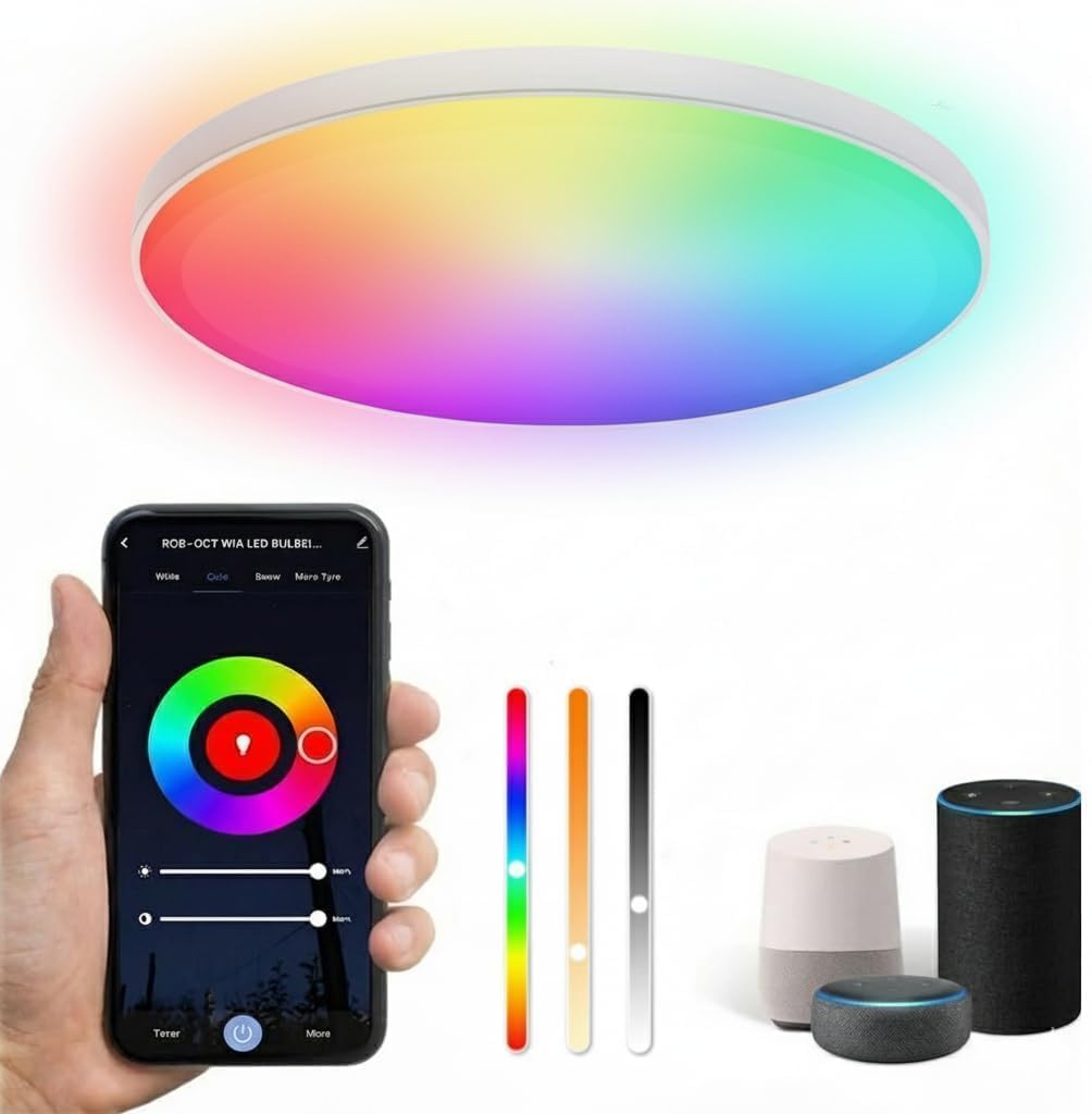 SOONHUA Smart WiFi Ceiling Light, APP or Voice Control, 24W 2000LM, RGB Colour Changing Ceiling Light Compatible with Alexa Google Home, Dimmable 3000K-6500K