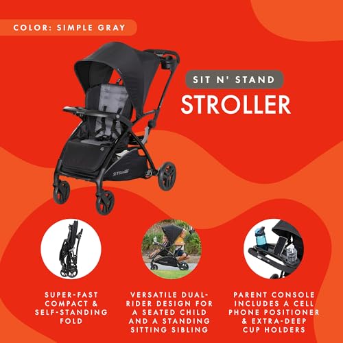 Image of Baby Trend Sit N' Stand 2.0, 5-in-1 Collapsible Sit and Stand Double Stroller with Bench and Standing Board, Compact Fold, Parent Console, Simple Grey