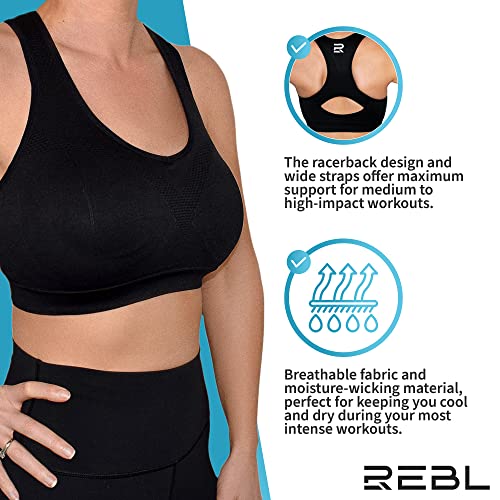 REBL Sports Bra with Sewn-in Pads, High Impact Support with Non-Removable Permanent Pads Cups4