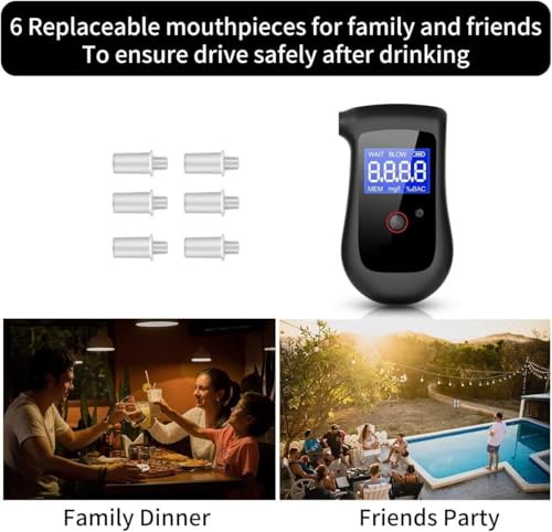 Image of Rechargeable Alcohol Breath Checker Detector - Portable Breathalyzer with LCD Display with Memory Function, 6 Replaceable Mouthpieces for Personal, Professional & Police Use
