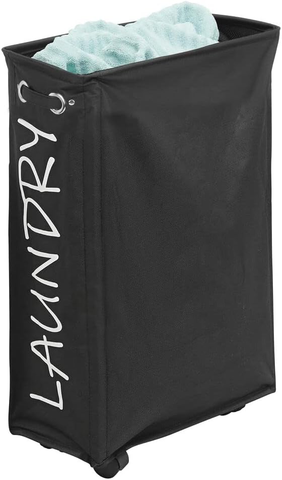 mDesign Slim Fabric Laundry Hamper Basket with Handles, Drawstring Mesh Closure, Wheels - Portable and Foldable for Compact Storage - Single Hamper Design, Novelty Print - Black