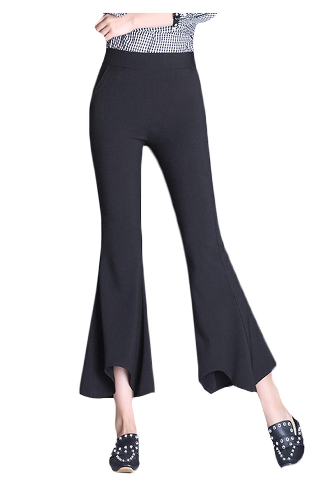 Womens Bell Bottom High Waist Pants Stretch Cropped Capri Pant
