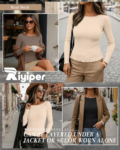 Riyiper 3 Pack Women's Long Sleeve Shirts Ribbed Cotton Boat Neck Tops Lettuce Trim Underscrub Slim Fit Casual Basic Tees2
