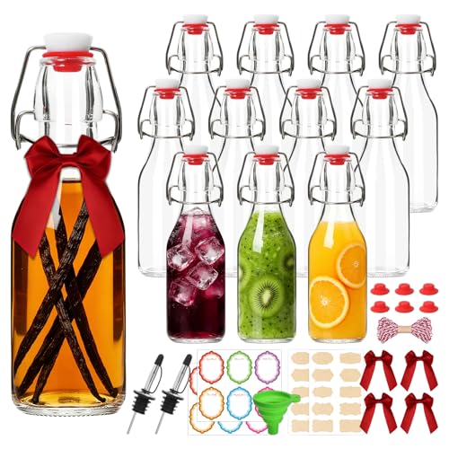 BIGIVACA 12 Pack 8oz Swing Top Glass Bottles – Flip Top Bottles with Stoppers for Vanilla Extract, Kombucha, Kefir, Home Brewing, Fermentation & Gifting, Includes 6 Extra Seals & 2 Pourers