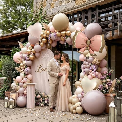 Image of Dusty Pink Beige Balloon Arch Kit Double Stuffed Blush Cream Gold Latex Balloons Pink Brown Neutral Tan Balloon Garland Perfect for Boho Baby Shower Birthday Wedding Bridal Anniversary Party Occasions