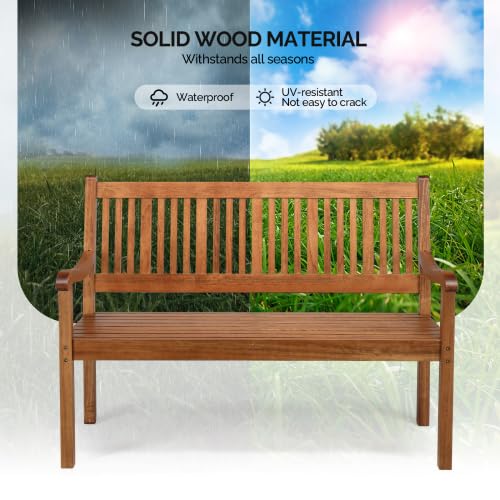 Bonnlo Banc de Jardin en Bois 127cm, Design à Rayures, Banc Extérieur 2-3 Places, Résistant aux Intempéries, Mobile pour Balcon Terrasse Veranda Pergola