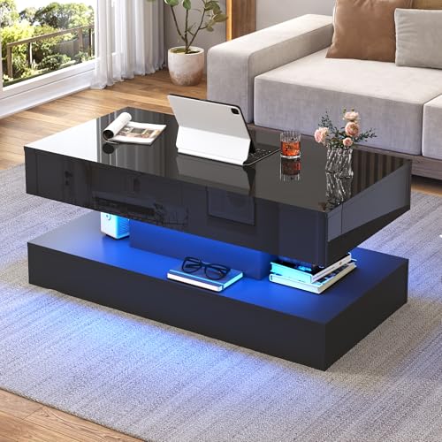 Image of 39.4 inch Large Lift Top Coffee Table,Modern High Glossy LED Coffee Tables for Living Room with Storage,Black Living Room Tables for Living Rooms,Dining Room,Bedroom Home Office,APP LED Lights（Black）
