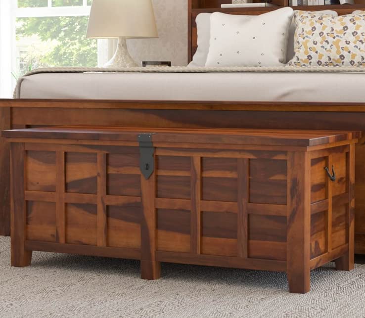 SHREE NATURAL Solid Wood Hand Crafted Wooden Trunk Box For Storage Bedroom | Wooden Storage Trunk Box for Bed Room And Living Room Furniture (Honey Finish)