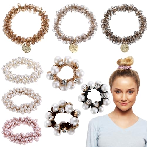 YUXIANLB 9 gomas elásticas para el pelo con perlas para el pelo, con cuentas de cristal, cuerda elástica para el pelo, estilo bohemio, hecho a mano, accesorios para el cabello para mujeres y niñas