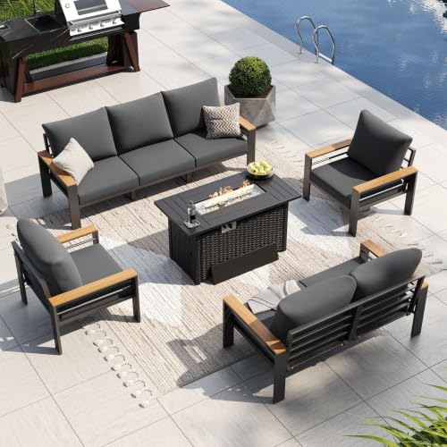 Image of Aoxun Patio Furniture Set, Aluminum Patio Set with Fire Pit Table and 5 inch Thicken & Washable Cushion, Waterproof Outdoor Furniture, Outdoor Couch Sectional for Backyard (7 Seats /F, Dark Grey)