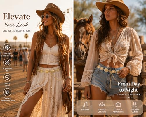 Image of FIORETTO Western Waist Chain Belt Metal Concho Belt for Women Cowgirl Cowboy Boho Country Belt for Dress Jean