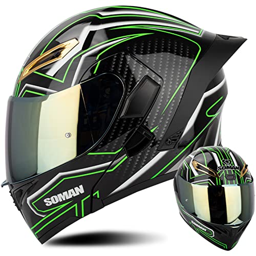 Motorcycle Helmet Modular Flip Up Front Motorbike Helmet, DOT/ECE Approved Full Face Helmet With Double Visor Colored Lens Crash Helmet For Men Women,Green-M(57~58cm)