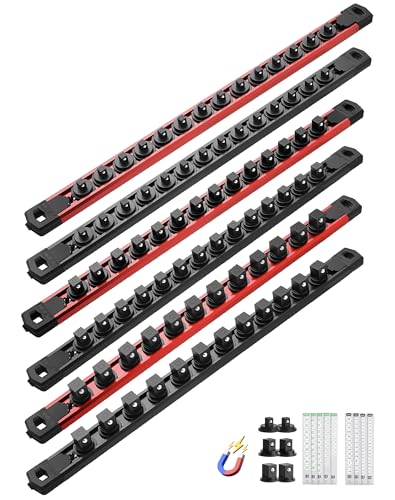 Image of ALOANES Magnetic Socket Organizer Set, 6PC Heavy Duty Aluminum Socket Holder Organizer, 360 Swivel Clips Socket Holder Kit for Toolbox Drawer Fit 1 /2, 3 /8, 1 /4-Inch x 80 Clips (Red&Black, 6PC)